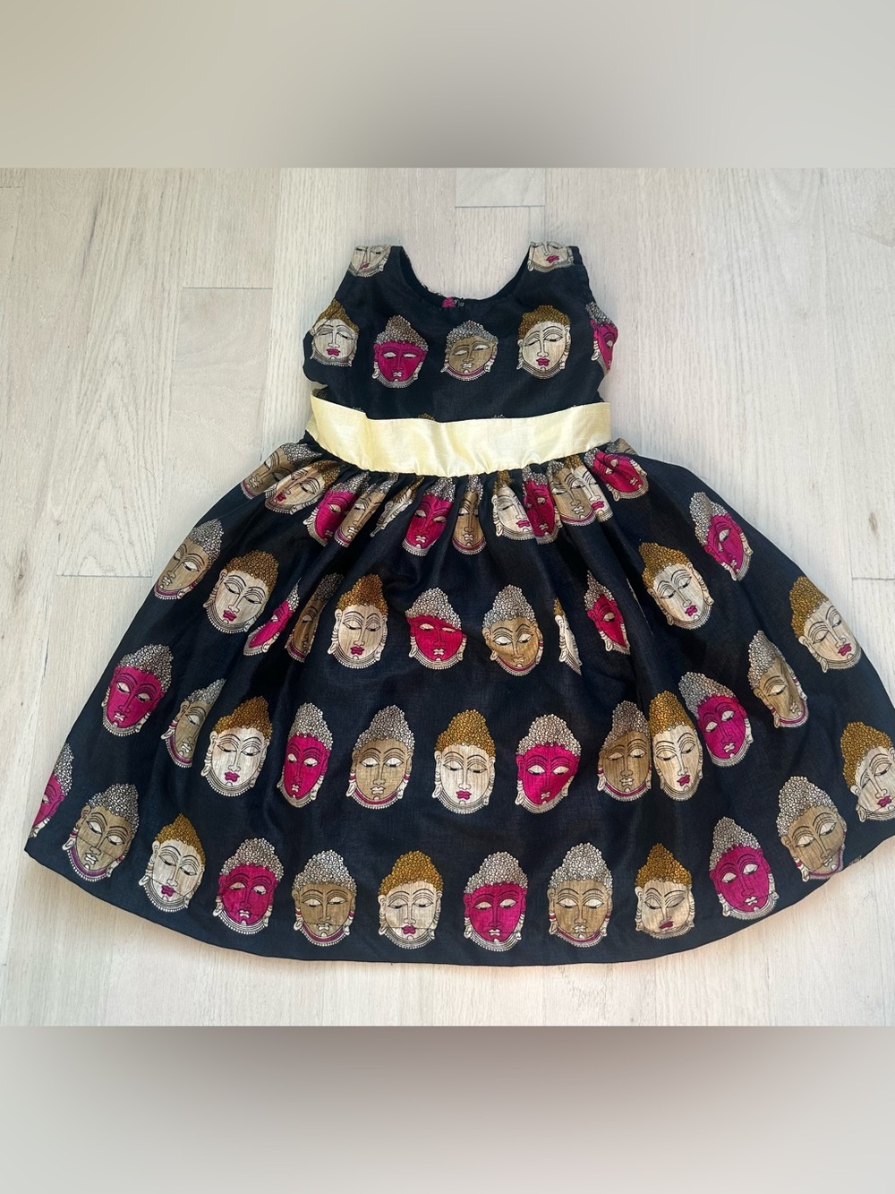 Black Party Dress with Gold Waistband and Multicolor Buddha Faces